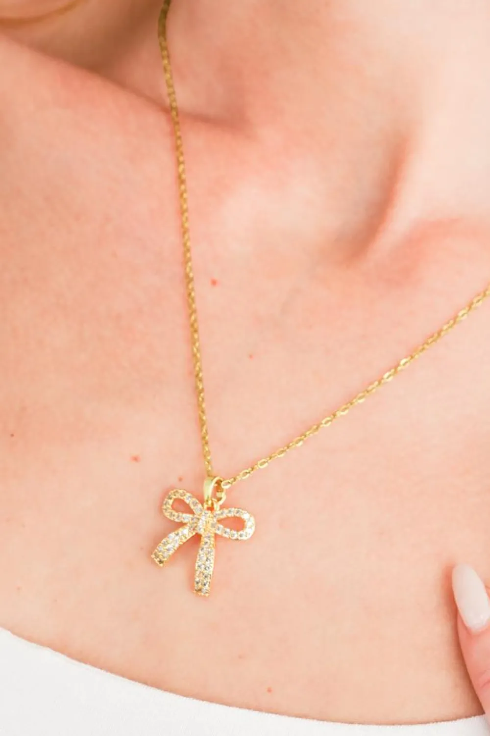 New Dear-Lover Plated Rhinestone Bowknot Pendant Necklace Gold