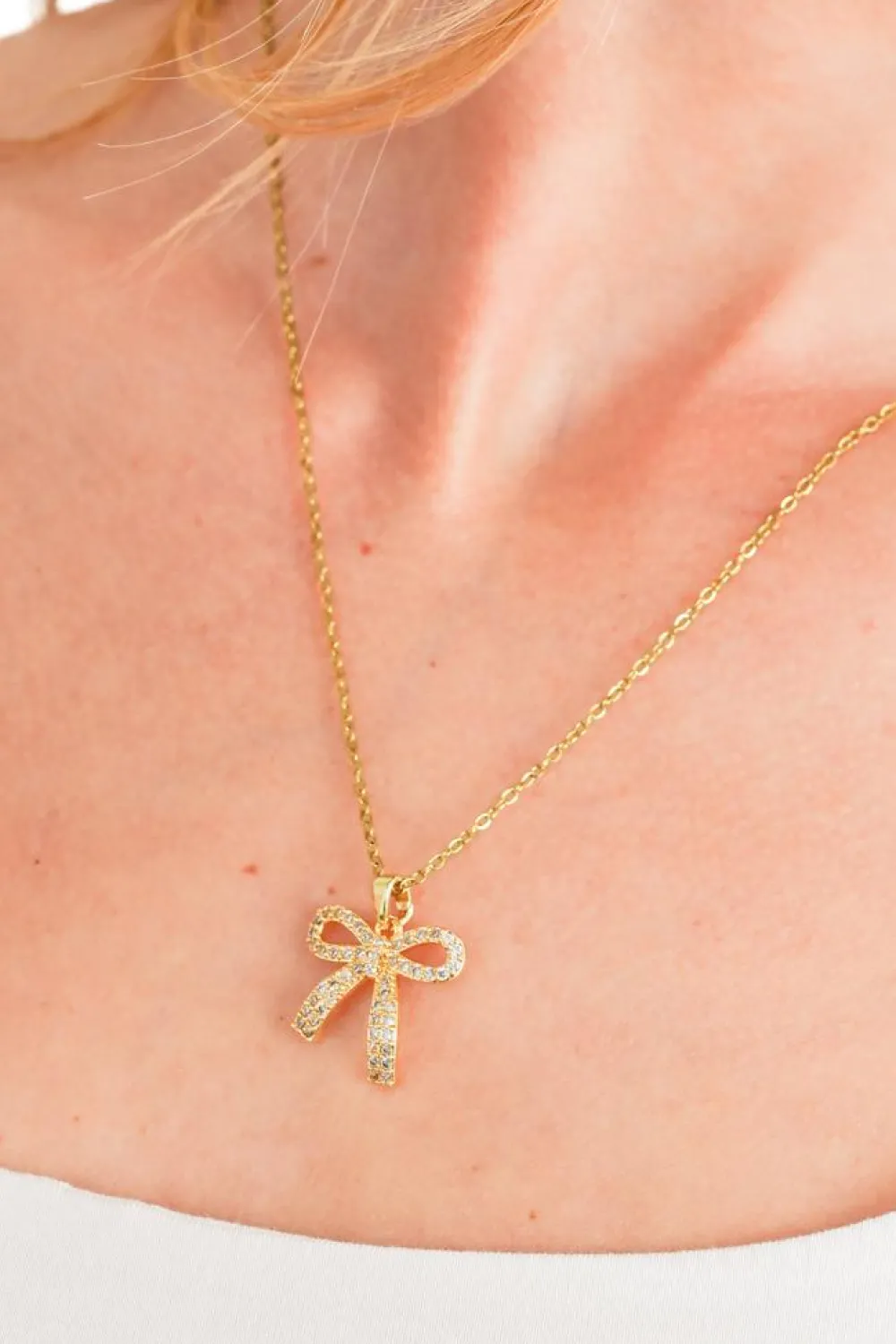 New Dear-Lover Plated Rhinestone Bowknot Pendant Necklace Gold