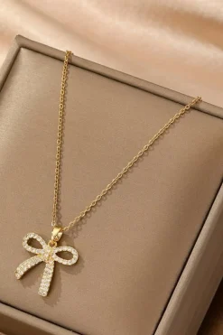 New Dear-Lover Plated Rhinestone Bowknot Pendant Necklace Gold
