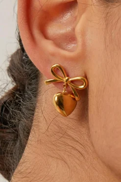 Outlet Dear-Lover Plated Valentines Heart and Bow Studded Earrings Gold