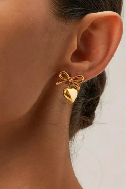 Outlet Dear-Lover Plated Valentines Heart and Bow Studded Earrings Gold