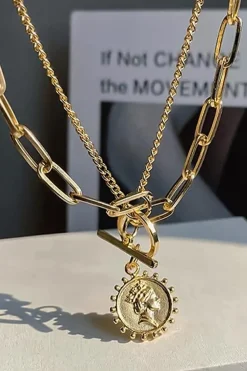Outlet Dear-Lover Plated Vintage Carved Coin Pendant Chain Necklace Gold