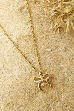 Hot Dear-Lover Rhinestone Bow Knot Pendant Plated Alloy Necklace Gold