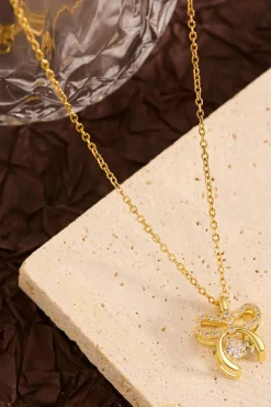 Hot Dear-Lover Rhinestone Bow Knot Pendant Plated Alloy Necklace Gold