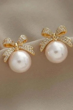 Online Dear-Lover Rhinestone Bowknot Pearl Earrings Gold