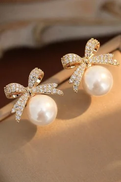 Online Dear-Lover Rhinestone Bowknot Pearl Earrings Gold
