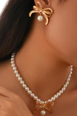 Discount Dear-Lover Rhinestone Pearl Bow Decor Plated Necklace and Earrings Set Gold