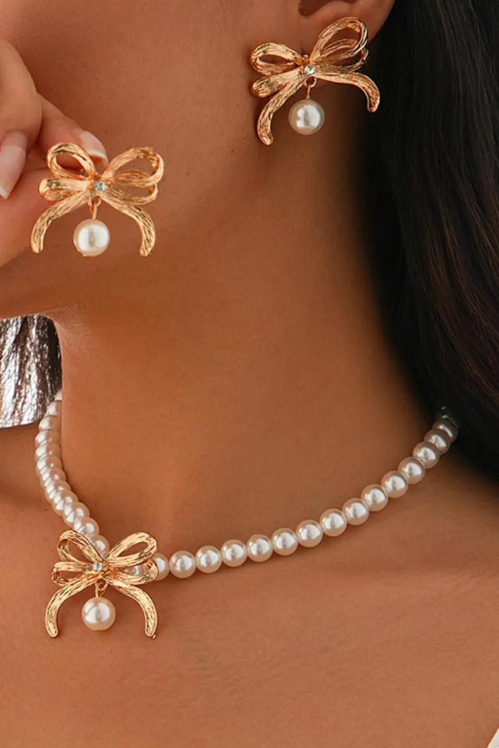 Discount Dear-Lover Rhinestone Pearl Bow Decor Plated Necklace and Earrings Set Gold