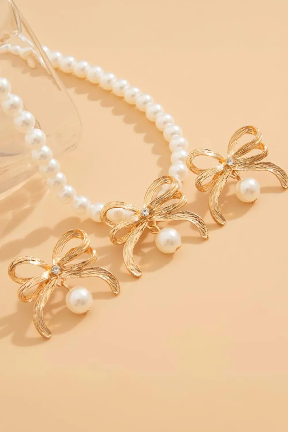 Discount Dear-Lover Rhinestone Pearl Bow Decor Plated Necklace and Earrings Set Gold