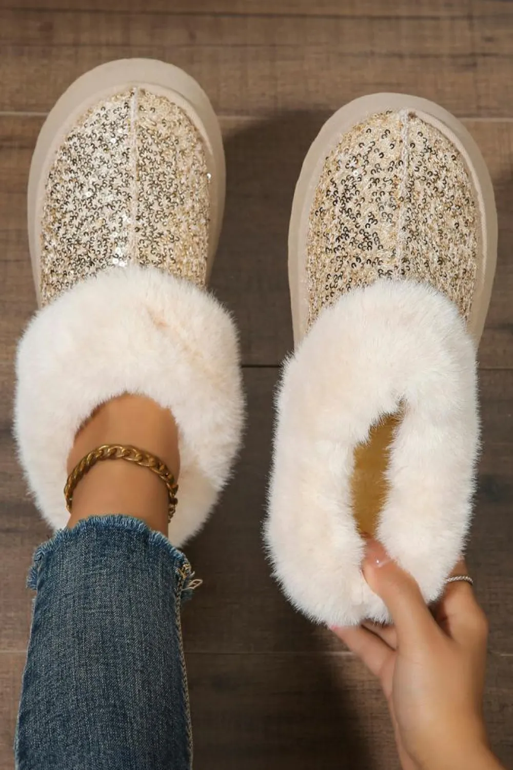 Online Dear-Lover Sequin Plush Lined Thick Sole Snow Boots Gold