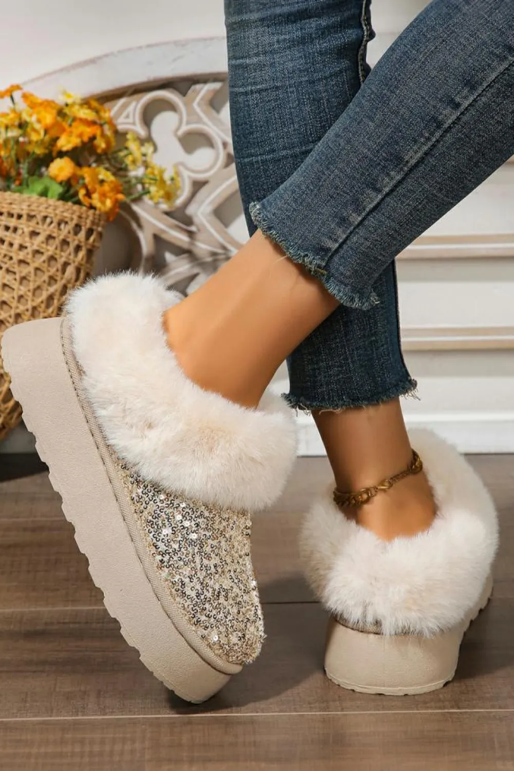 Online Dear-Lover Sequin Plush Lined Thick Sole Snow Boots Gold