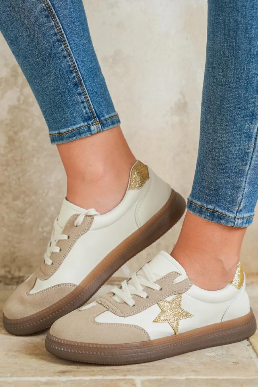Fashion Dear-Lover Shimmer Star Patch Colorblock Lace up Retro Flattie Gold