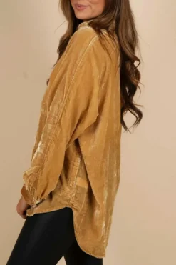 Hot Dear-Lover Solid Color Button Up Loose Fit Velvet Shirt Gold