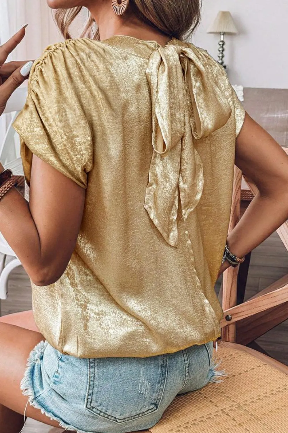 Discount Dear-Lover Solid Color Metallic Ruched Sleeve Back Knot Blouse Gold
