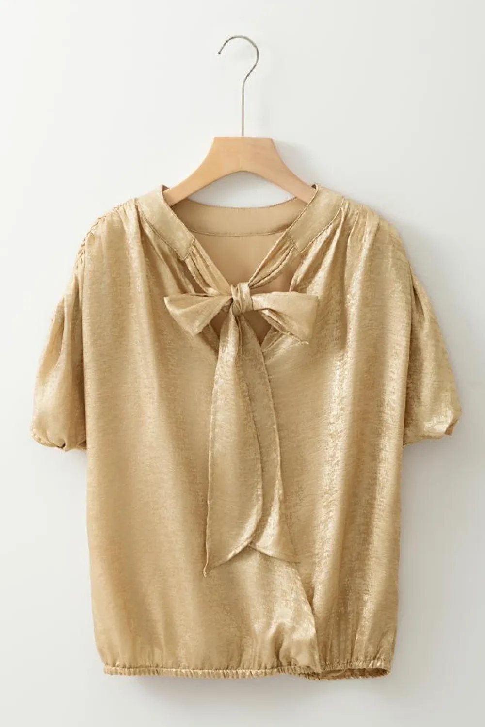 Discount Dear-Lover Solid Color Metallic Ruched Sleeve Back Knot Blouse Gold