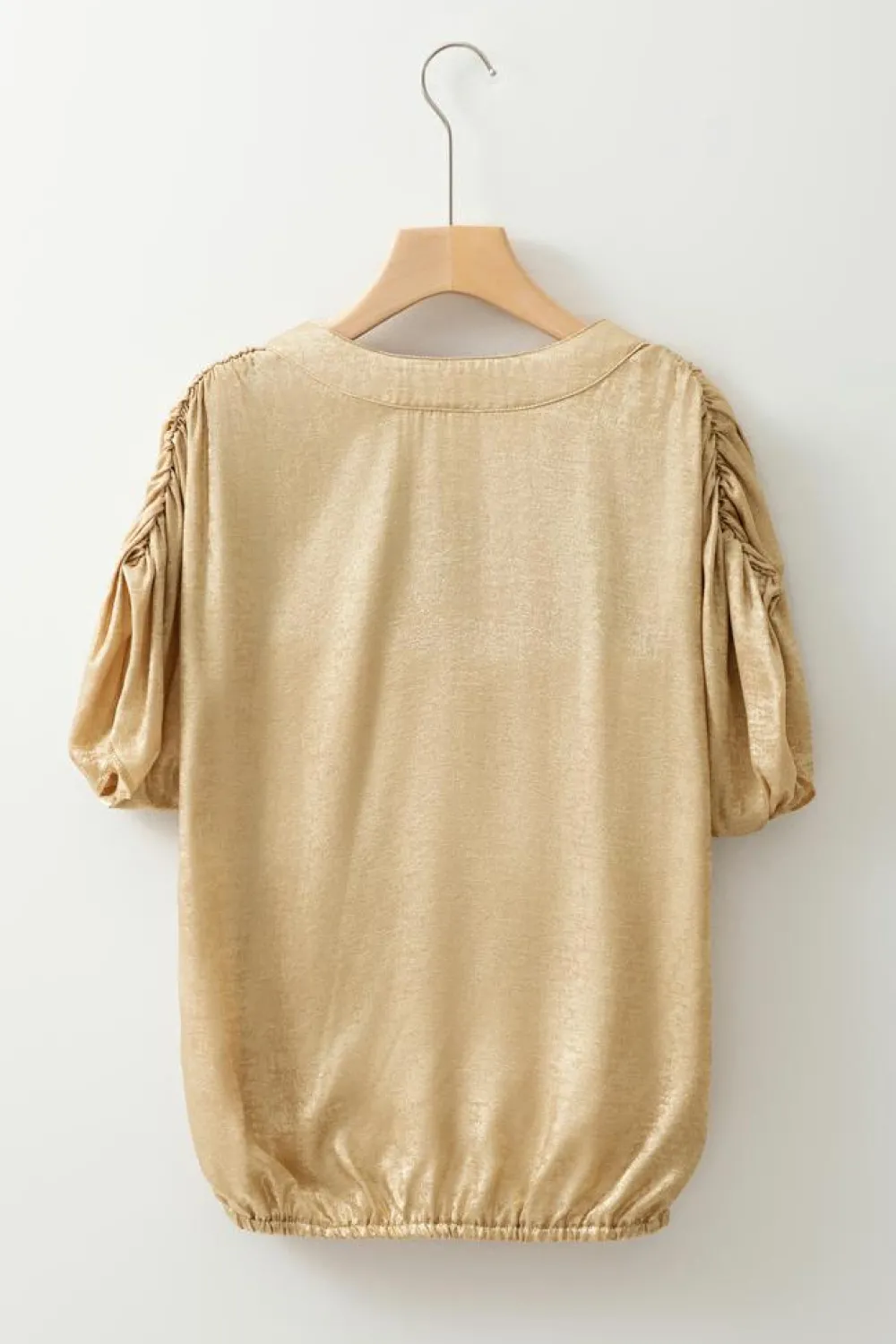 Discount Dear-Lover Solid Color Metallic Ruched Sleeve Back Knot Blouse Gold