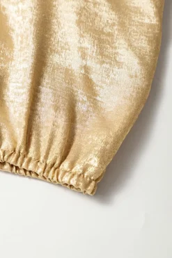 Discount Dear-Lover Solid Color Metallic Ruched Sleeve Back Knot Blouse Gold