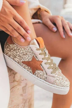 Online Dear-Lover Star Patchwork Sequined Lace-up Sneakers Gold