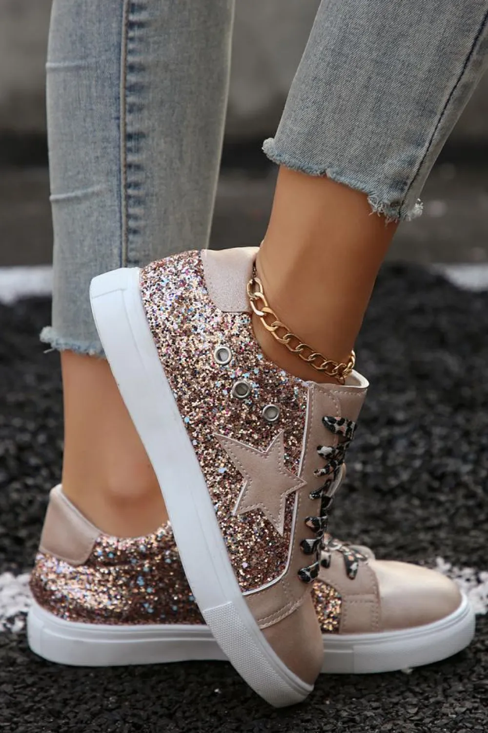 Outlet Dear-Lover Star Sequin Patchwork Leopard Lace-up Shoes Gold