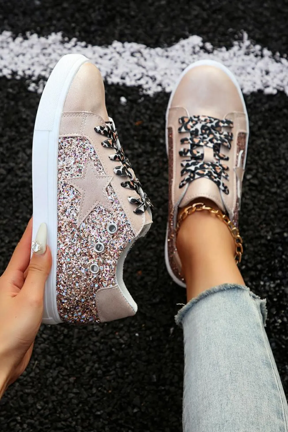 Outlet Dear-Lover Star Sequin Patchwork Leopard Lace-up Shoes Gold