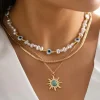 Hot Dear-Lover Sun Turquoise Pearl Beaded Multi Layered Pendant Necklace Gold