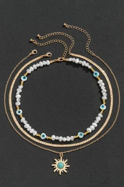 Hot Dear-Lover Sun Turquoise Pearl Beaded Multi Layered Pendant Necklace Gold