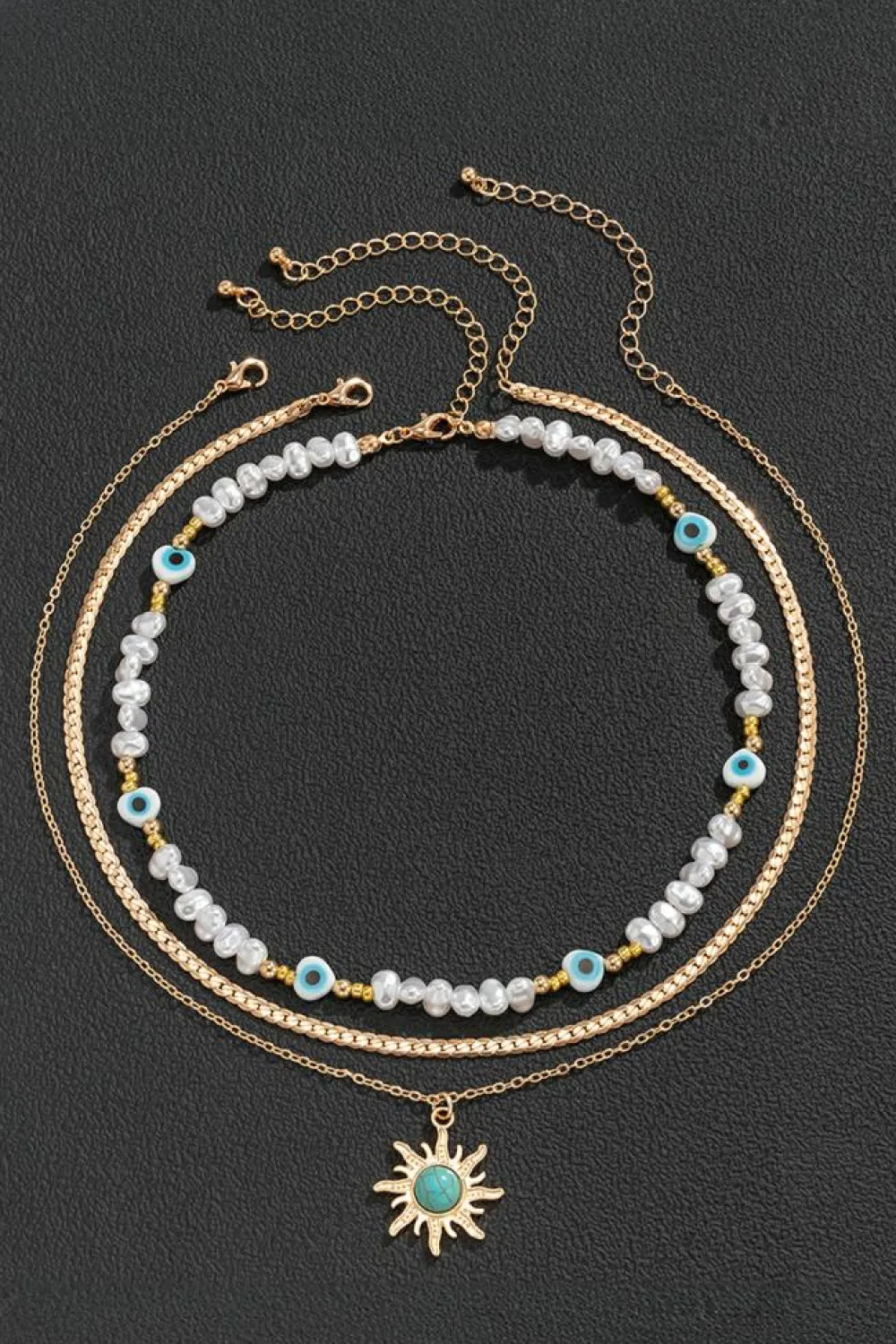Hot Dear-Lover Sun Turquoise Pearl Beaded Multi Layered Pendant Necklace Gold