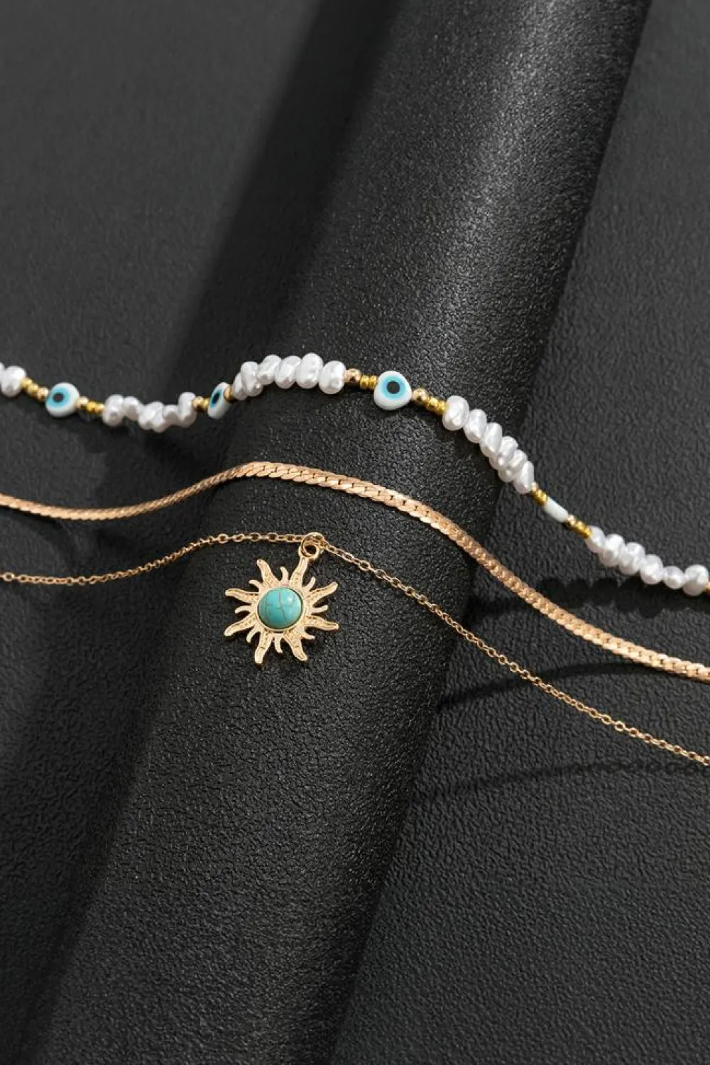 Hot Dear-Lover Sun Turquoise Pearl Beaded Multi Layered Pendant Necklace Gold