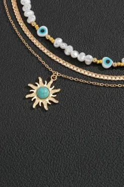 Hot Dear-Lover Sun Turquoise Pearl Beaded Multi Layered Pendant Necklace Gold
