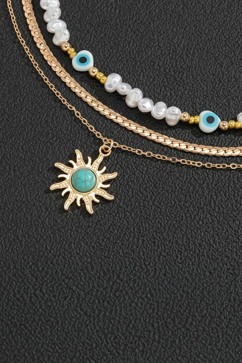 Hot Dear-Lover Sun Turquoise Pearl Beaded Multi Layered Pendant Necklace Gold