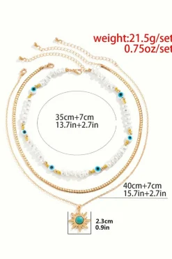 Hot Dear-Lover Sun Turquoise Pearl Beaded Multi Layered Pendant Necklace Gold