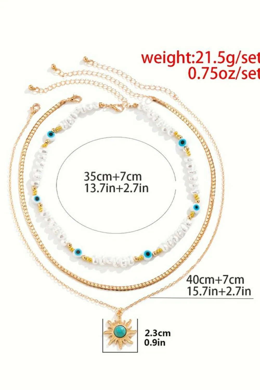 Hot Dear-Lover Sun Turquoise Pearl Beaded Multi Layered Pendant Necklace Gold
