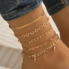 Fashion Dear-Lover Sweet Heart Rhinestone Dangle 5-piece Anklets Gold