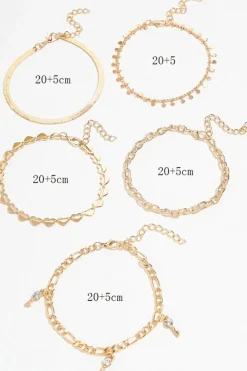Fashion Dear-Lover Sweet Heart Rhinestone Dangle 5-piece Anklets Gold