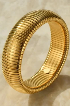 Outlet Dear-Lover Textured Striped Plated Titanium Steel Chunky Bangle Gold