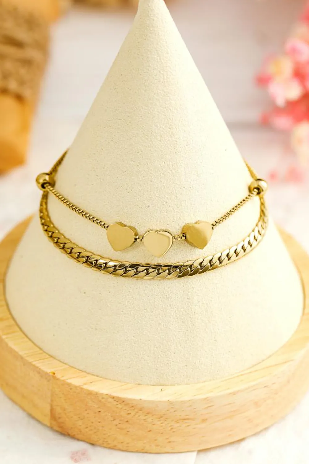 Hot Dear-Lover Triple Heart Double Layer Adjustable Chain Bracelet Gold