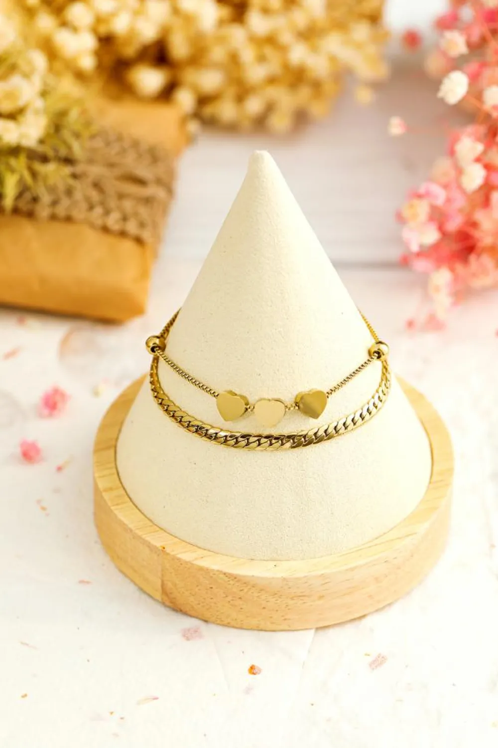 Hot Dear-Lover Triple Heart Double Layer Adjustable Chain Bracelet Gold
