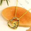 Hot Dear-Lover Unicorn Hollow Out Heart Shape Rhinestone Pendant Necklace Gold
