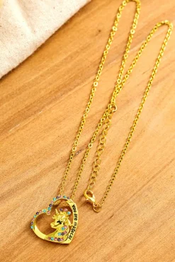 Hot Dear-Lover Unicorn Hollow Out Heart Shape Rhinestone Pendant Necklace Gold