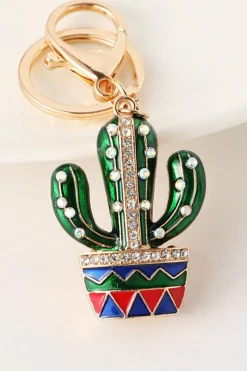Clearance Dear-Lover Western Cactus Rhinestone Decor Keychain Gold