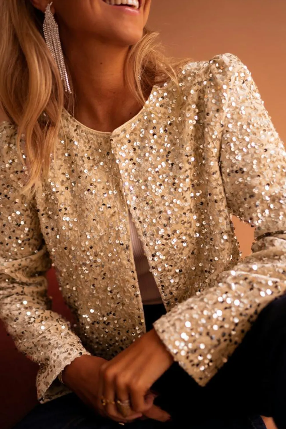 New Dear-Lover Sequined Open Front Cropped Jacket Golden Fleece