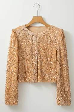 New Dear-Lover Sequined Open Front Cropped Jacket Golden Fleece