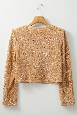 New Dear-Lover Sequined Open Front Cropped Jacket Golden Fleece