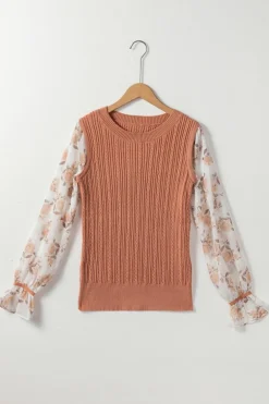 Online Dear-Lover Golden Floral Patchwork Ruffled Cuff Cable Knit Sweater Golden Fleece
