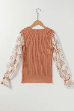 Online Dear-Lover Golden Floral Patchwork Ruffled Cuff Cable Knit Sweater Golden Fleece
