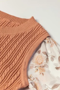 Online Dear-Lover Golden Floral Patchwork Ruffled Cuff Cable Knit Sweater Golden Fleece