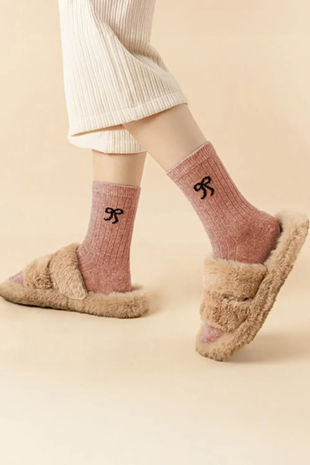 Hot Dear-Lover Bowknot Detail Ribbed Winter Stockings Gossamer Pink
