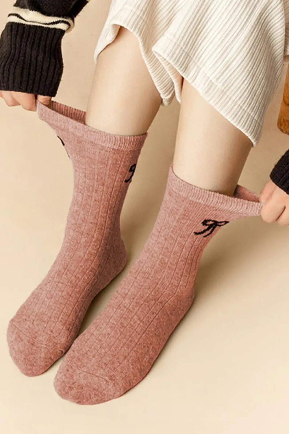 Hot Dear-Lover Bowknot Detail Ribbed Winter Stockings Gossamer Pink