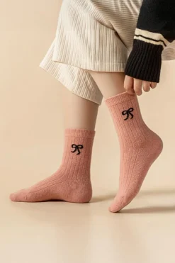 Hot Dear-Lover Bowknot Detail Ribbed Winter Stockings Gossamer Pink