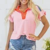 Best Dear-Lover Color Block Half Buttoned Ruffled Short Sleeve T Shirt Gossamer Pink